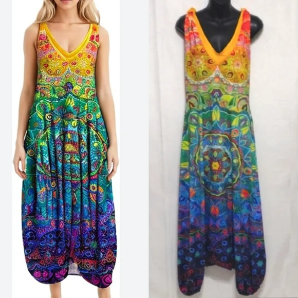 Colorful Boho Drop Crotch Harem Jumpsuit Womens Racerback Festival Yoga Romper L - Picture 3 of 12